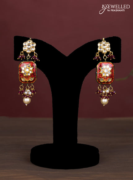 Jaipur multilayer beaded maroon necklace with meenakari pendant and pearl hangings