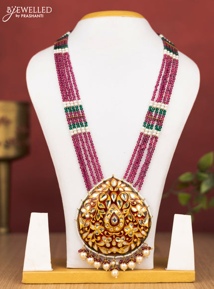 Jaipur multilayer beaded peach shade necklace with meenakari pendant without earring
