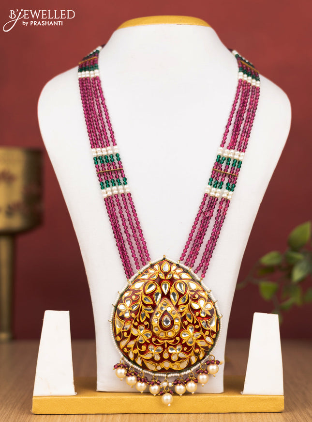 Jaipur multilayer beaded peach shade necklace with meenakari pendant without earring