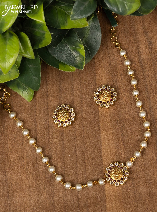 Pearl choker lakshmi design with pink kemp and cz stone