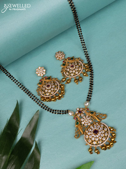 Mangalsutra double layer peacock design with kemp & cz stones and golden beads hanging