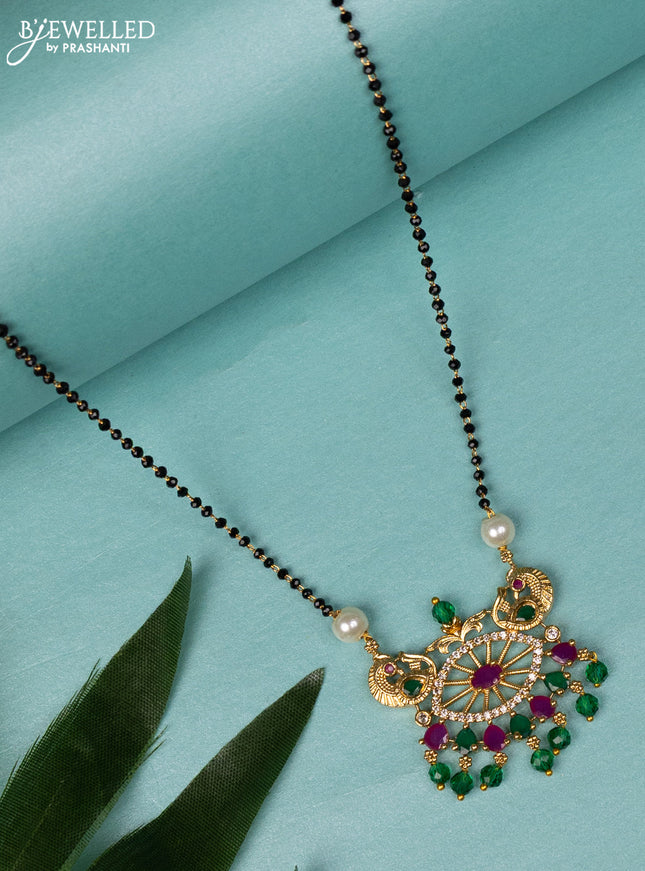 Mangalsutra peacock design with kemp & cz stones and green beads hangings without earring