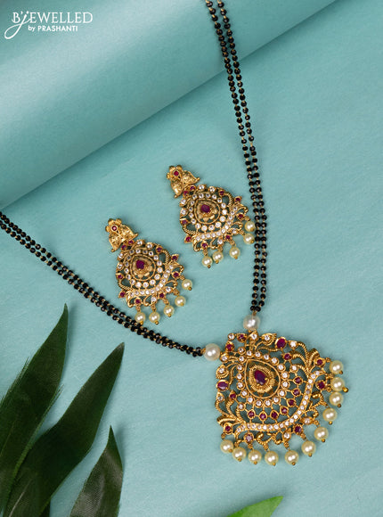 Mangalsutra double layer with pink kemp & cz stones and pearl hangings
