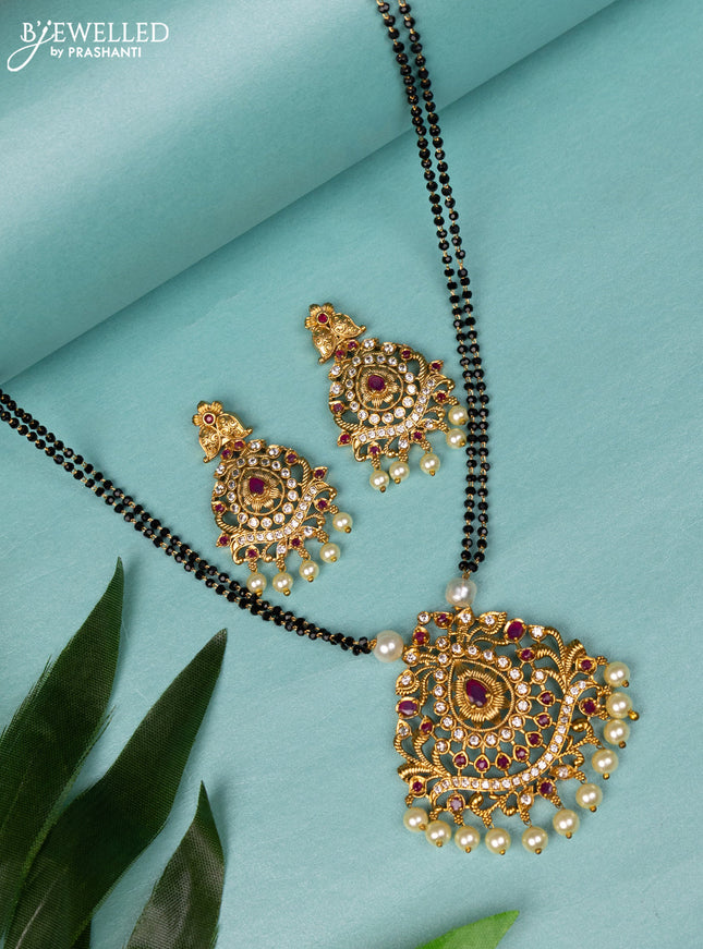 Mangalsutra double layer with pink kemp & cz stones and pearl hangings
