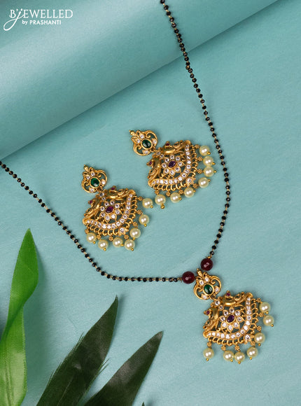 Mangalsutra double layer peacock design with kemp & cz stones and pearl hanings