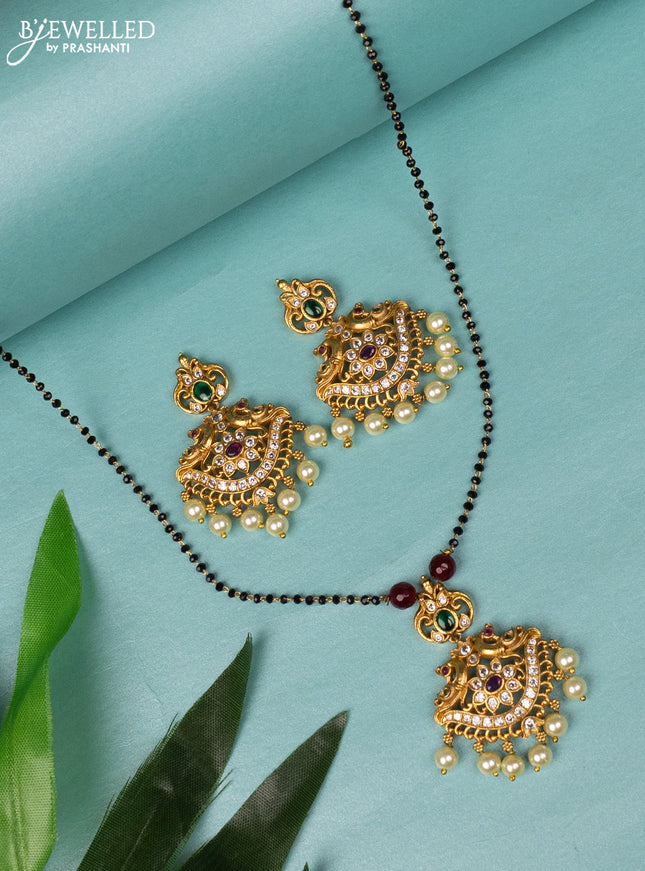 Mangalsutra double layer peacock design with kemp & cz stones and pearl hanings