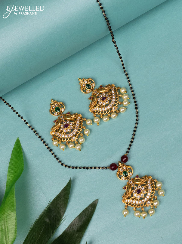 Mangalsutra double layer peacock design with kemp & cz stones and pearl hanings