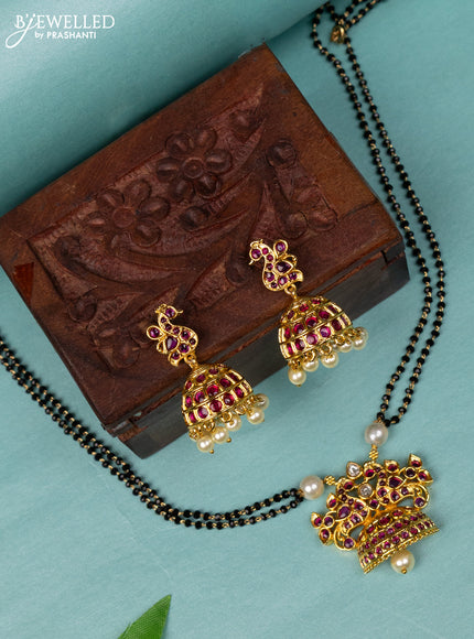 Mangalsutra double layer peacock design with pink kemp & cz stones and pearl hangings