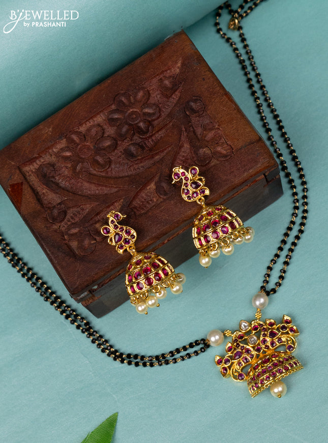Mangalsutra double layer peacock design with pink kemp & cz stones and pearl hangings