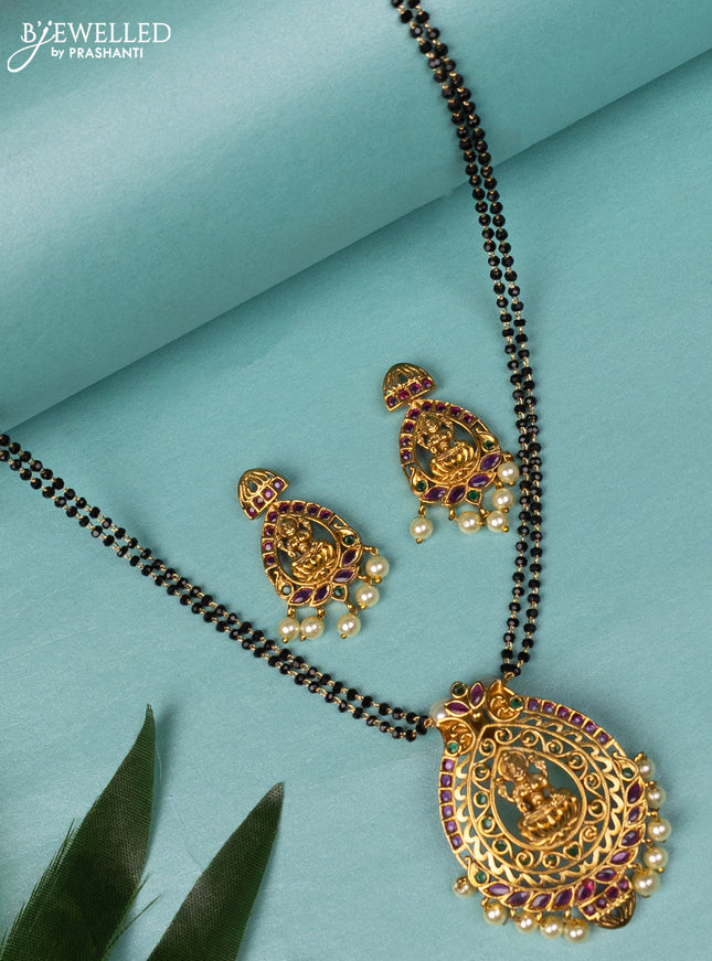 Mangalsutra double layer lakshmi design with kemp stones and pearl hangings