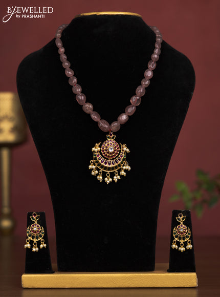 Beaded light brown necklace chandbali pendant with kemp & cz stones and pearl hangings