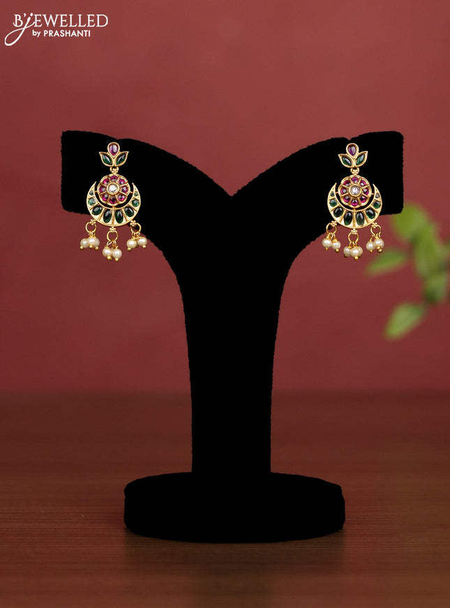 Beaded light brown necklace chandbali pendant with kemp & cz stones and pearl hangings