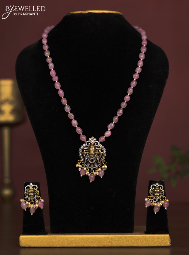 Beaded baby pink necklace with thirupati balaji pendant with cz stones and pearl hangings in victorian finish