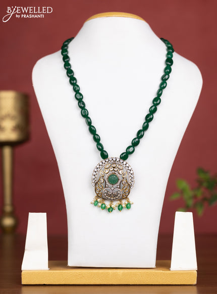 Beaded dark green necklace with cz stones and pearl hangings in victorian finish without earring