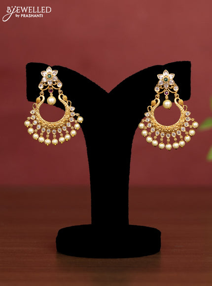 Beaded light brown necklace peacock design pendant with kemp & cz stones and pearl hangings