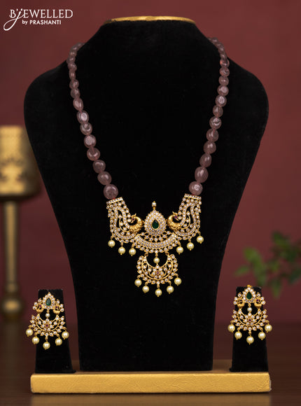 Beaded light brown necklace peacock design pendant with kemp & cz stones and pearl hangings