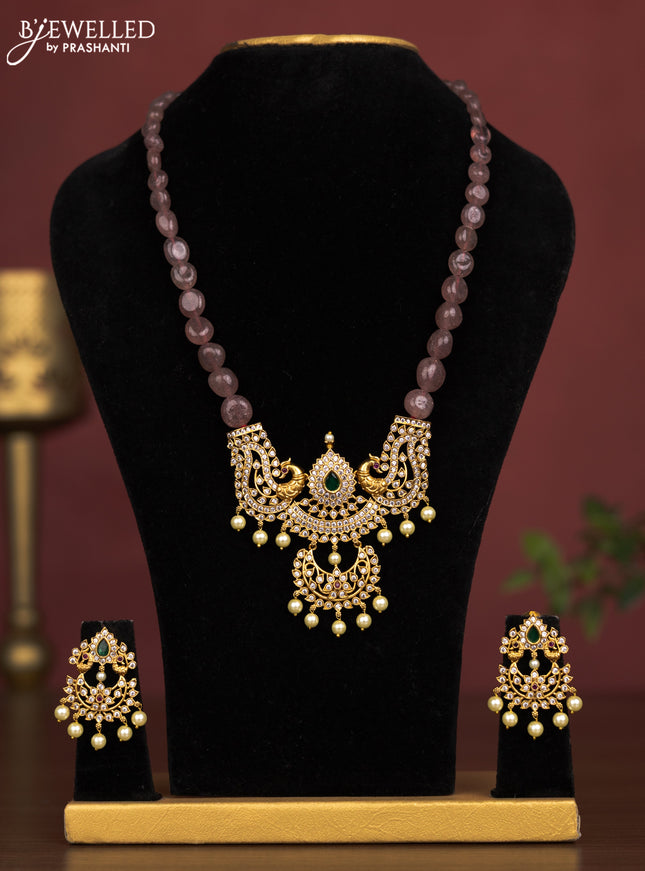 Beaded light brown necklace peacock design pendant with kemp & cz stones and pearl hangings