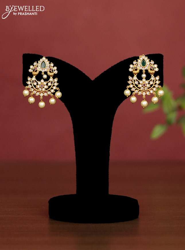 Beaded light brown necklace peacock design pendant with kemp & cz stones and pearl hangings