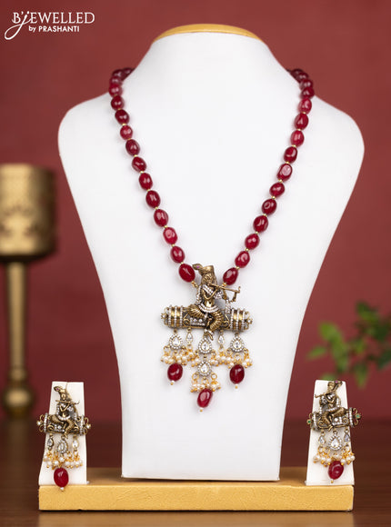 Beaded maroon necklace krishna pendant with cz stones and pearl hangings