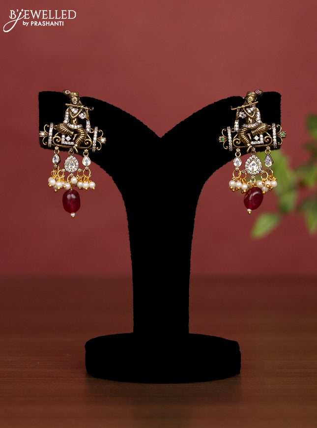 Beaded maroon necklace krishna pendant with cz stones and pearl hangings