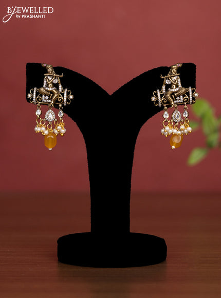 Beaded yellow necklace krishna pendant with cz stones and pearl hangings