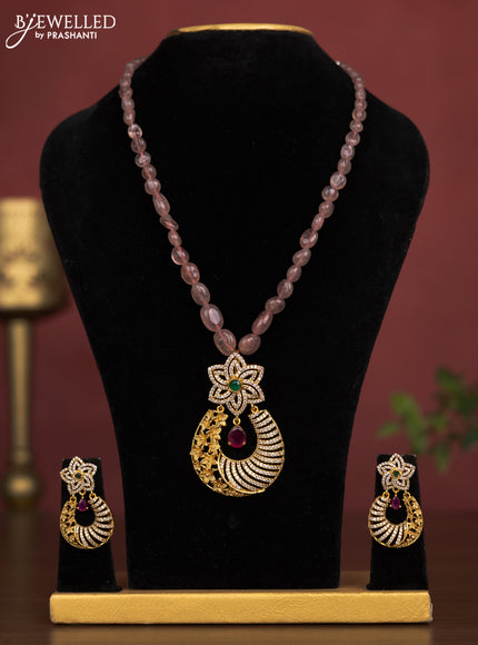 Beaded light brown necklace floral pendant with kemp & cz stones