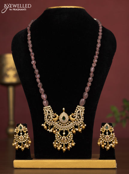 Beaded light brown necklace peacock pendant with kemp & cz stones and golden beads hangings