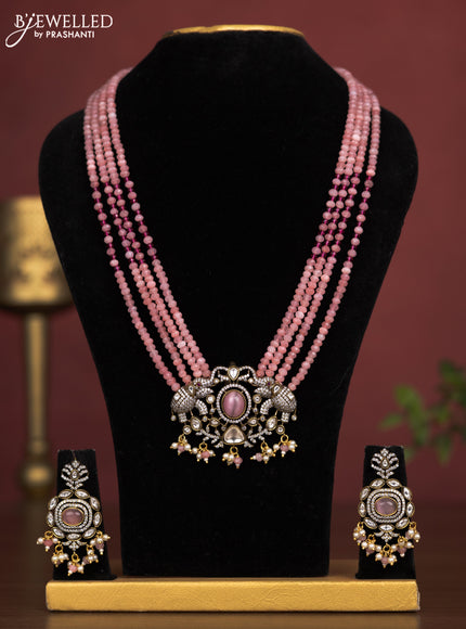Beaded multilayer baby pink haaram with elephant pendant with cz stones and pearl hangings in victorian finish