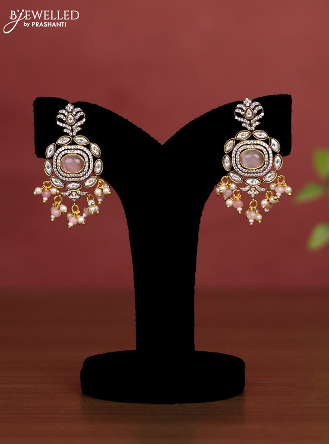 Beaded multilayer baby pink haaram with elephant pendant with cz stones and pearl hangings in victorian finish