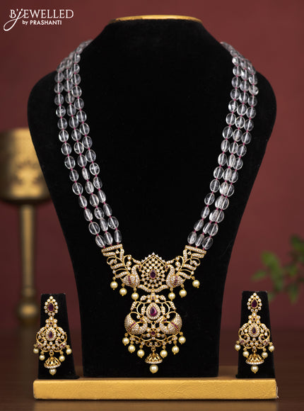 Beaded triple layer haaram with peacock pendant with pink kemp & cz stones and pearl hangings