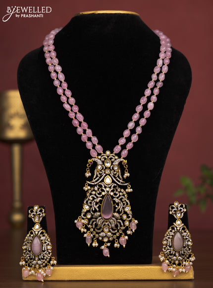 Beaded double layer haaram with peacock pendant with pink kemp & cz stones and pearl hangings