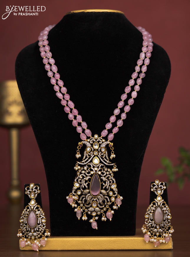 Beaded double layer haaram with peacock pendant with pink kemp & cz stones and pearl hangings