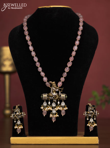 Beaded baby pink necklace krishna pendant with cz stones and pearl hangings