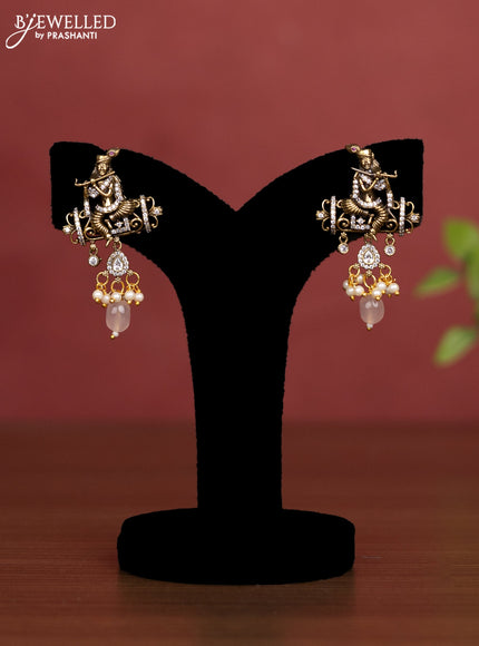 Beaded baby pink necklace krishna pendant with cz stones and pearl hangings