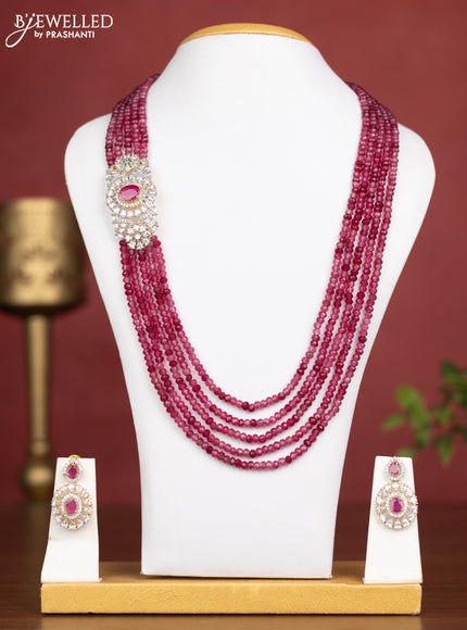 Beaded multilayer maroon necklace with ruby & cz stone side pendant