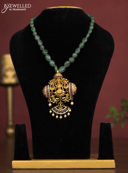 Beaded light green necklace lakshmi pendant with kemp & cz stones and pearl hanging without earring
