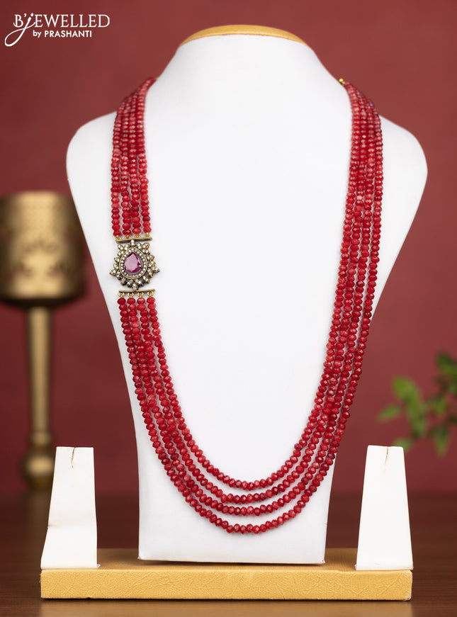 Beaded multilaye red necklace with ruby & cz stone side pendant without earring