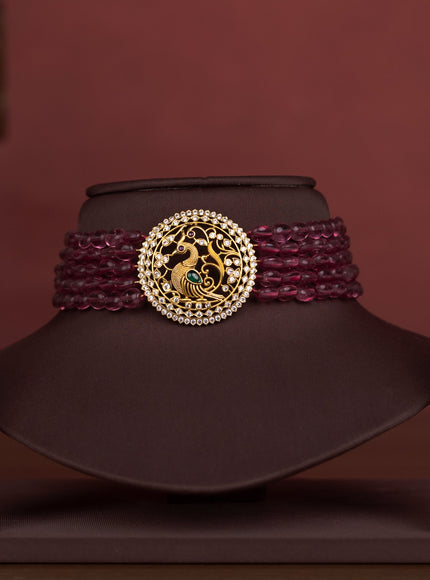 Beaded light maroon multilayer choker peacock design with kemp & cz stones