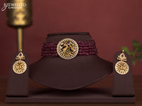 Beaded light maroon multilayer choker peacock design with kemp & cz stones