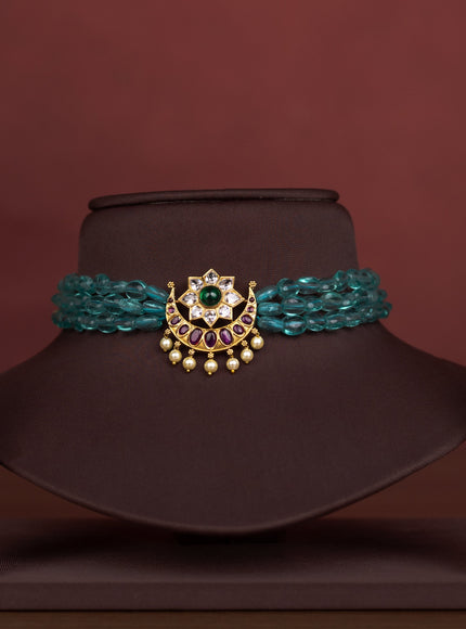 Beaded ice blue triple layer choker chandbali design with kemp & cz stones and pearl hangings