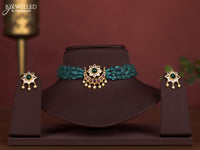Beaded ice blue triple layer choker chandbali design with kemp & cz stones and pearl hangings