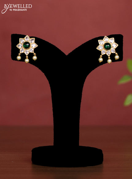 Beaded ice blue triple layer choker chandbali design with kemp & cz stones and pearl hangings