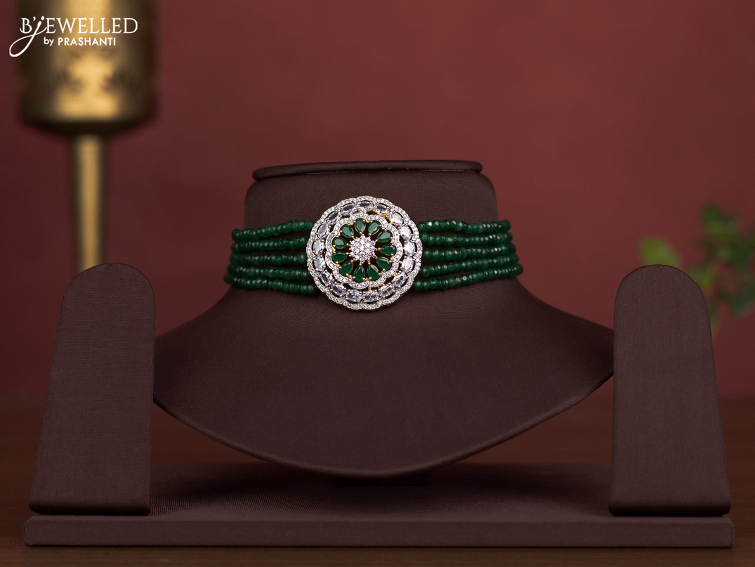 Beaded green choker with cz and emerald stones pendant without earring
