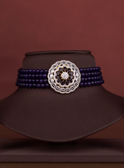 Beaded multilayer choker with cz and violet stones pendant