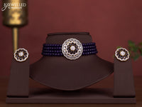 Beaded multilayer choker with cz and violet stones pendant