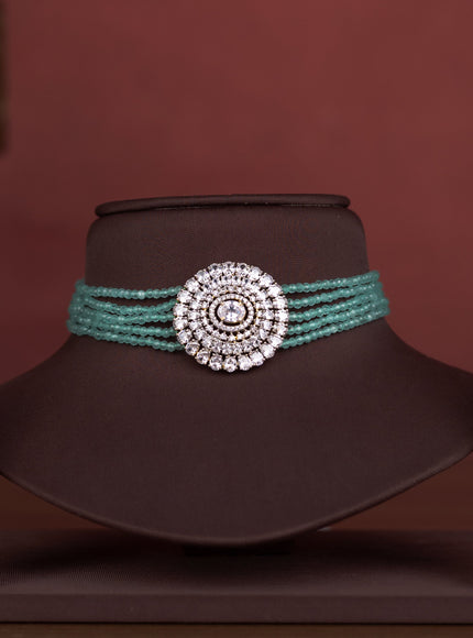 Beaded multilayer choker with mint green and cz stones pendant
