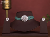 Beaded multilayer choker with mint green and cz stones pendant