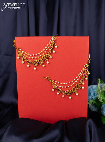 Antique triple layer maatal with peacock design pink kemp and pearl hangings