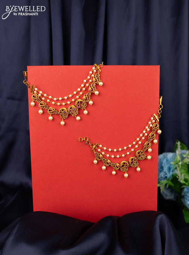 Antique triple layer maatal with peacock design pink kemp and pearl hangings