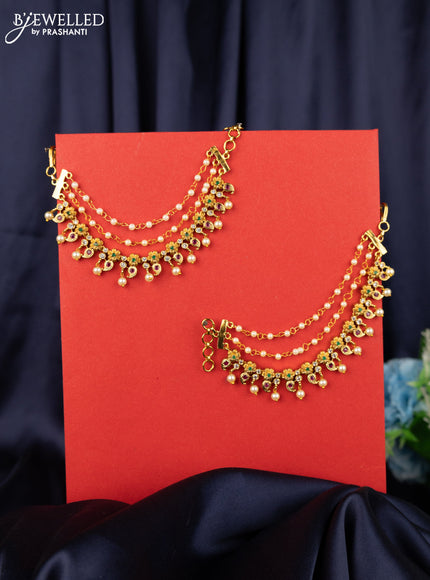 Antique triple layer maatal floral design with kemp & cz stones and pearl hangings